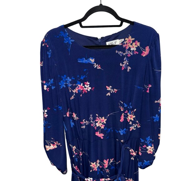 LEliza J's  Floral Navy Blue Puff Sleeve Waist Tie Leg Slit Long Dress Sz 18W - Picture 3 of 12